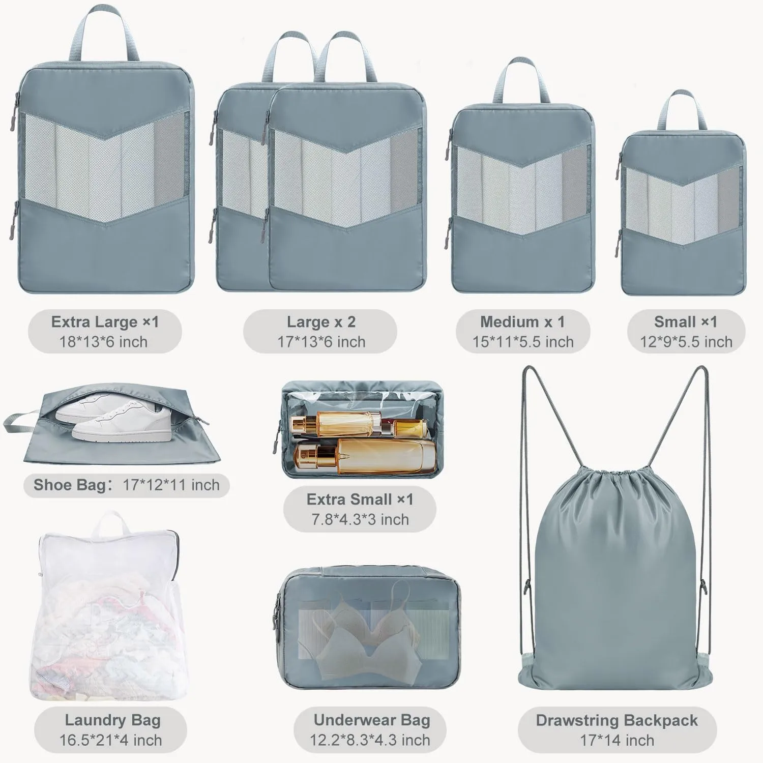 10 Set Compression Packing Cubes, Suitcase Organizer Bags Set for Travel Accessories, Lightweight Travel Essentials, Grey