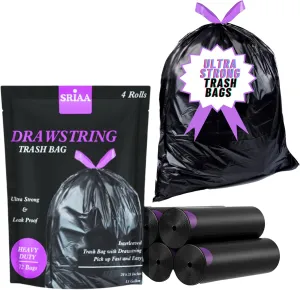 13 Gallon Black Trash Bags with Drawstring - 4 Rolls 72 Bags - 24" x 28" Inches, Ultra-Strong & Leak-Proof