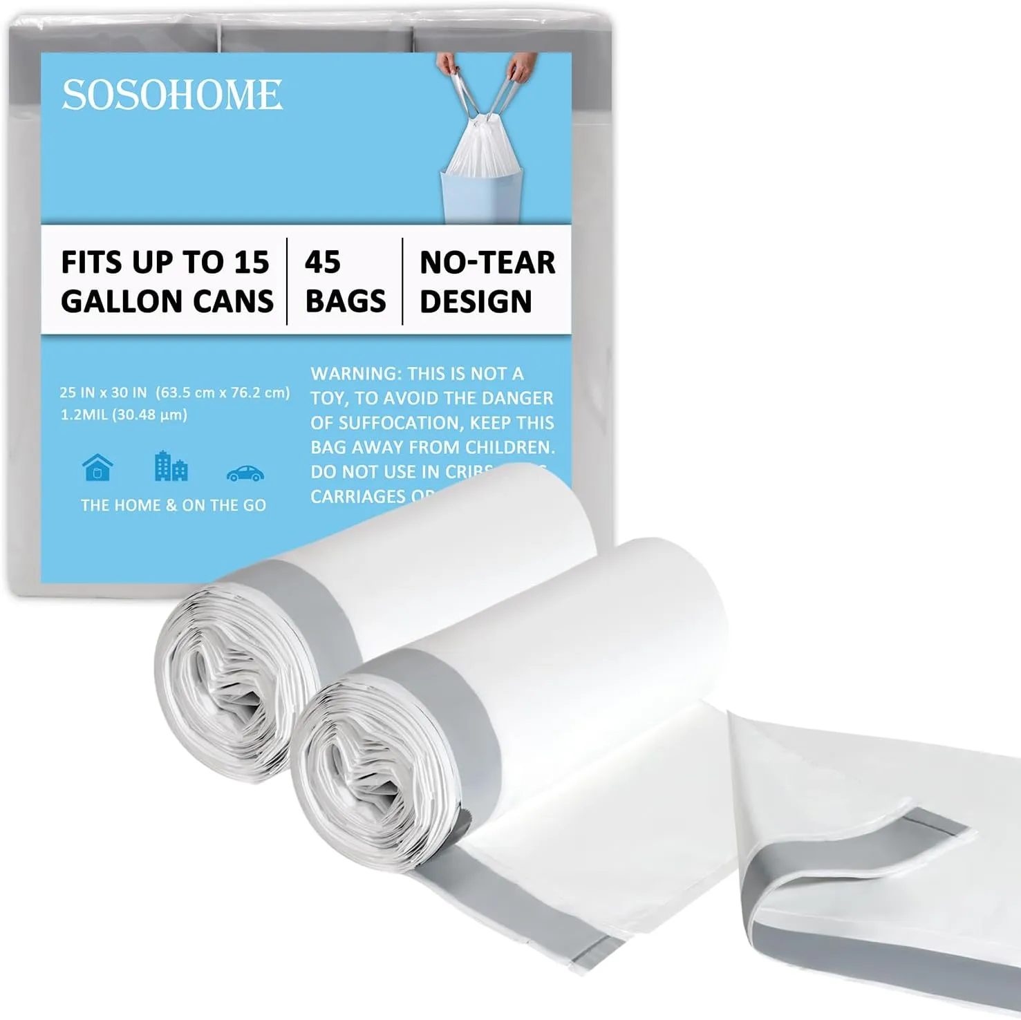 15 Gallon Tall Kitchen Trash Bags Drawstring - 1.2 Mil Thick White Garbage Bag for Office Kitchen, 45 Count