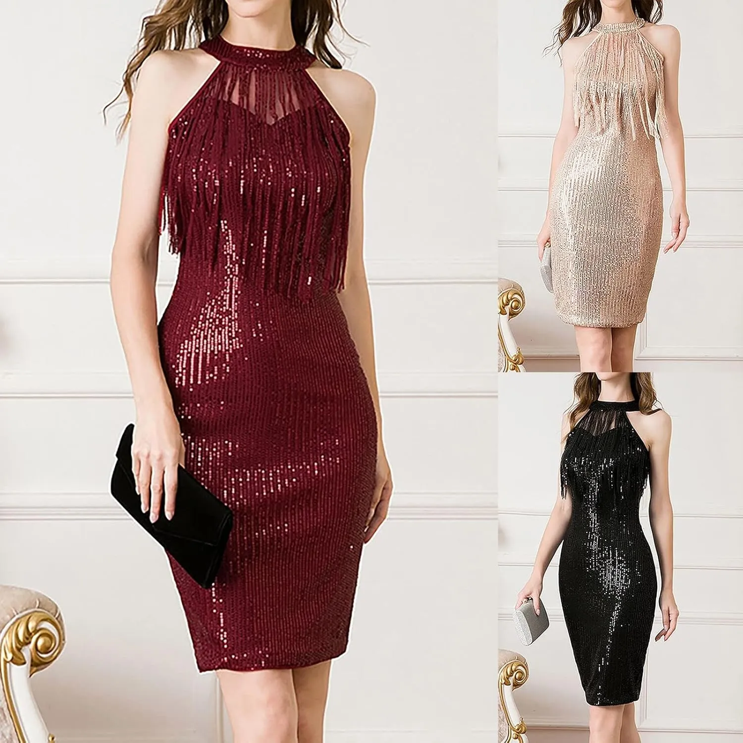 1920 Style Dresses for Women Gatsby Sexy Halter Neck Plus Szie Dress Roaring 20s Art Deco Cocktail Party Dresses