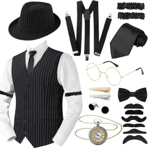 1920s Men Costume Accessories Set for Adult, Roaring Retro 20s Gatsby Gangster Costume Outfit with Stripe Vest Fedora Hat Tie
