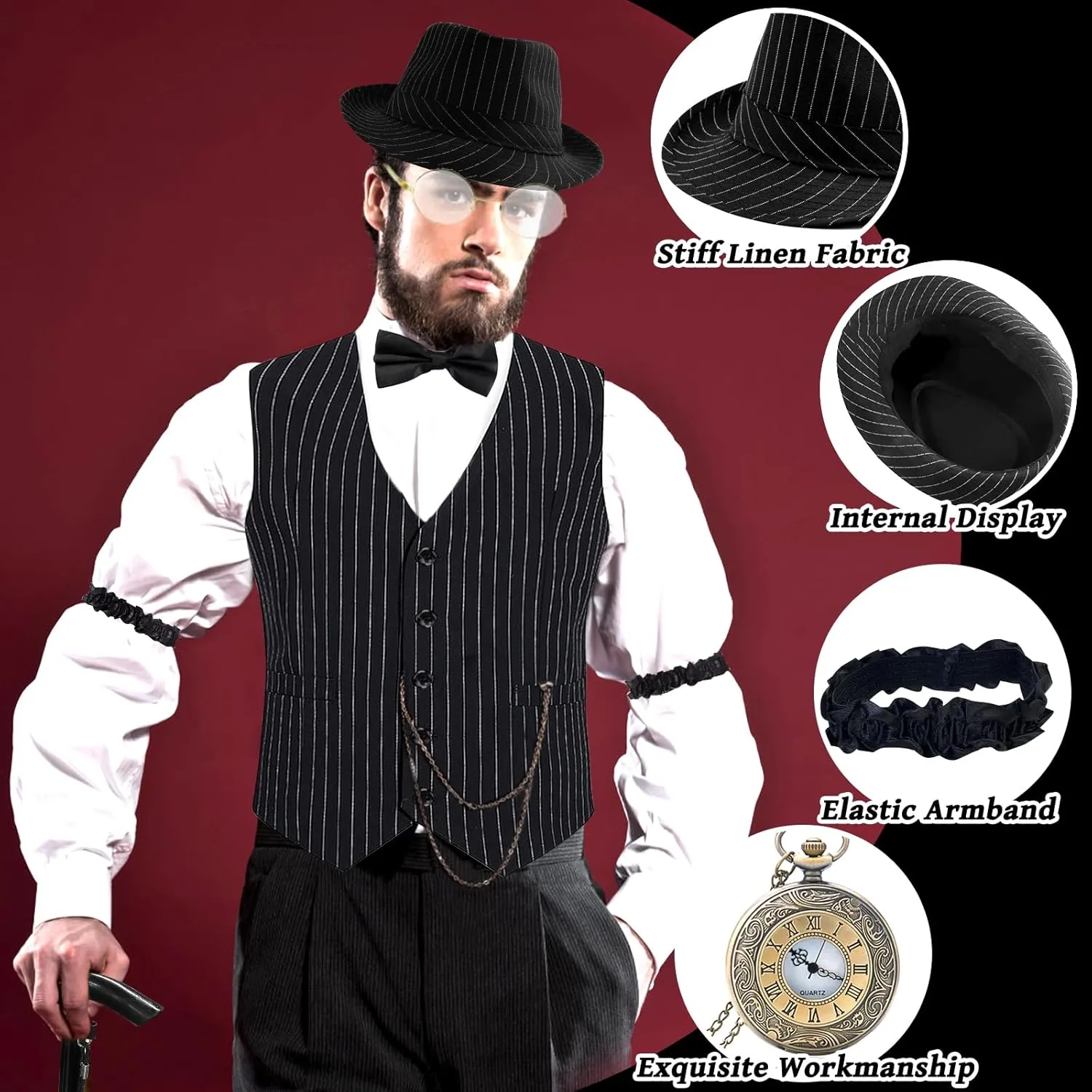 1920s Men Costume Accessories Set for Adult, Roaring Retro 20s Gatsby Gangster Costume Outfit with Stripe Vest Fedora Hat Tie
