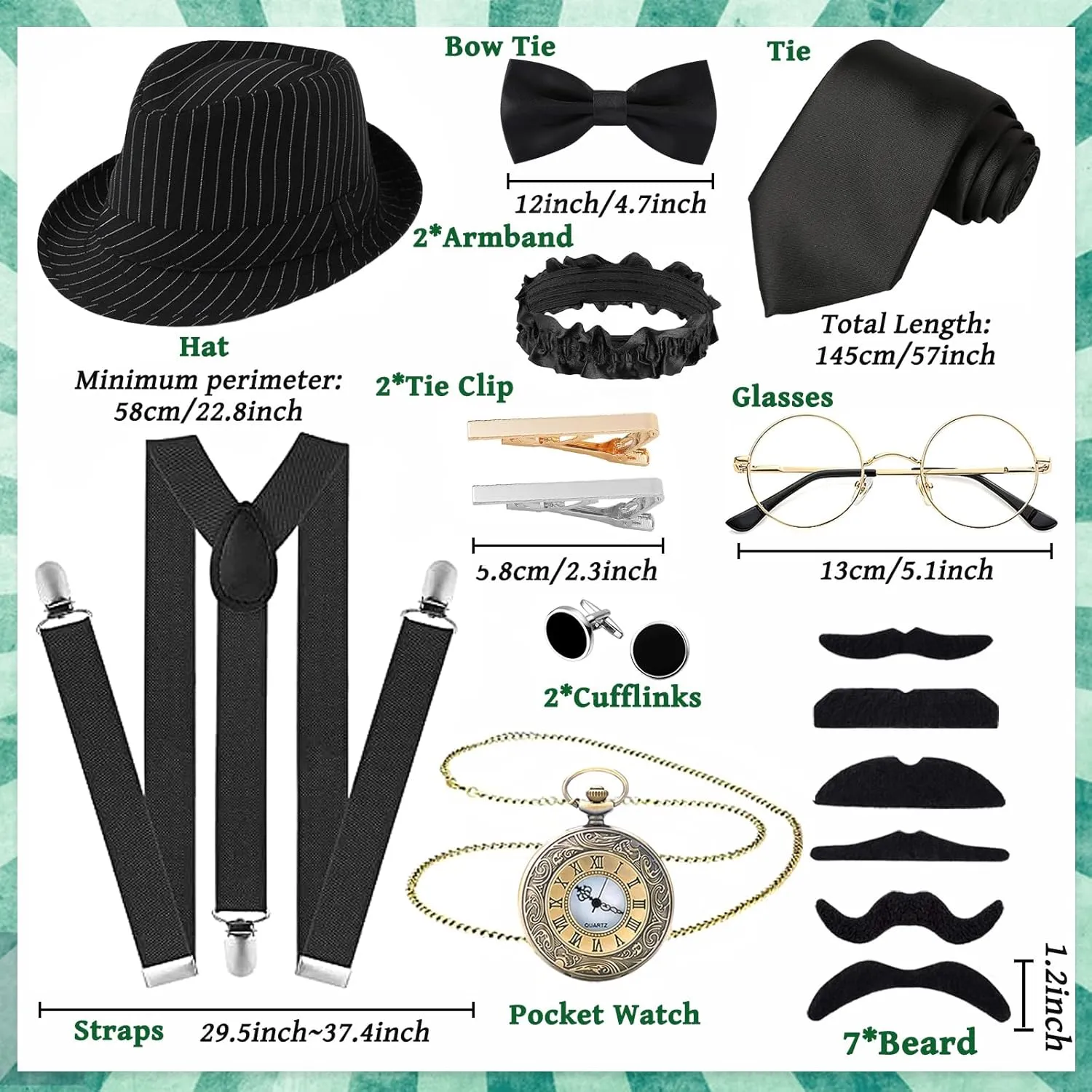 1920s Men Costume Accessories Set for Adult, Roaring Retro 20s Gatsby Gangster Costume Outfit with Stripe Vest Fedora Hat Tie