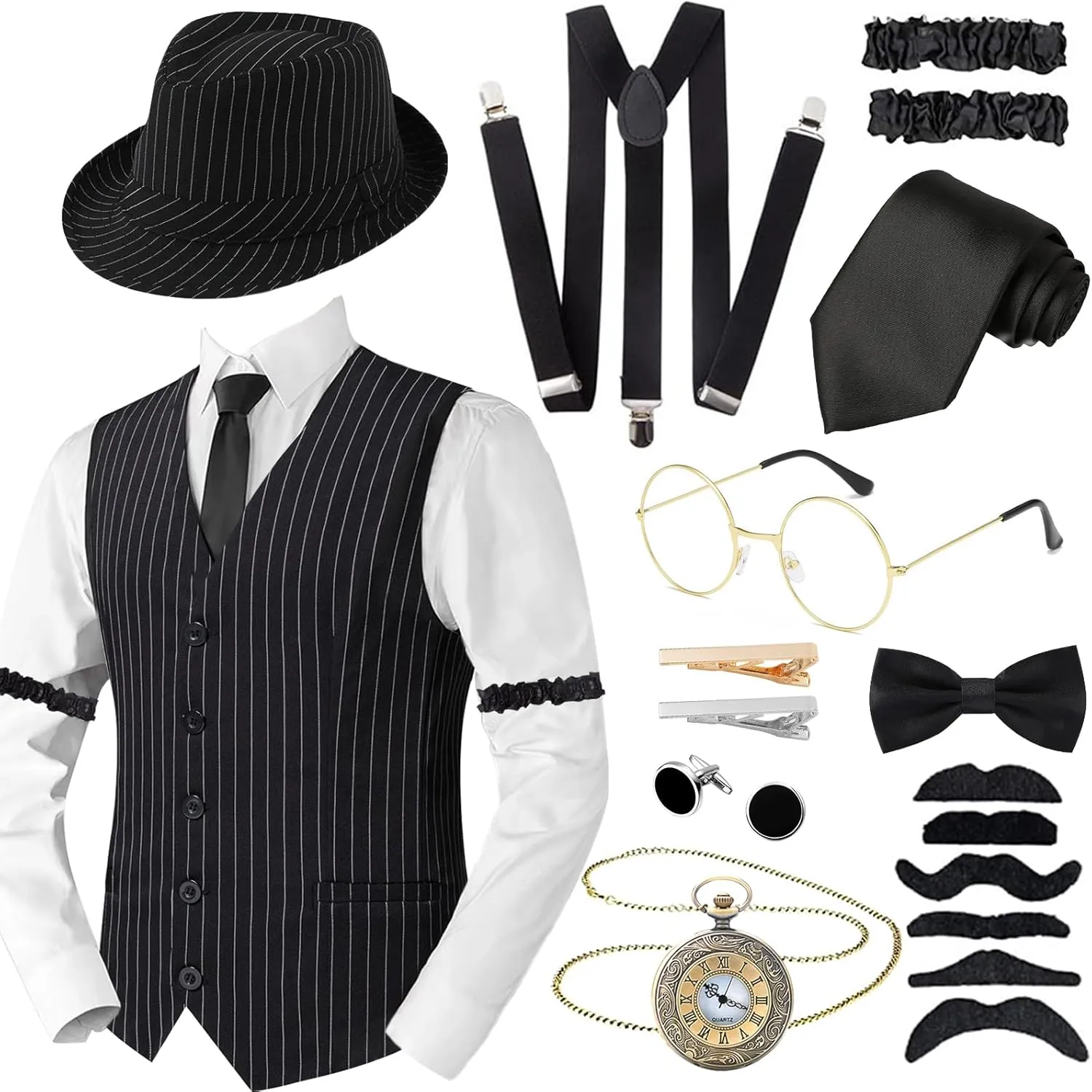 1920s Men Costume Accessories Set for Adult, Roaring Retro 20s Gatsby Gangster Costume Outfit with Stripe Vest Fedora Hat Tie