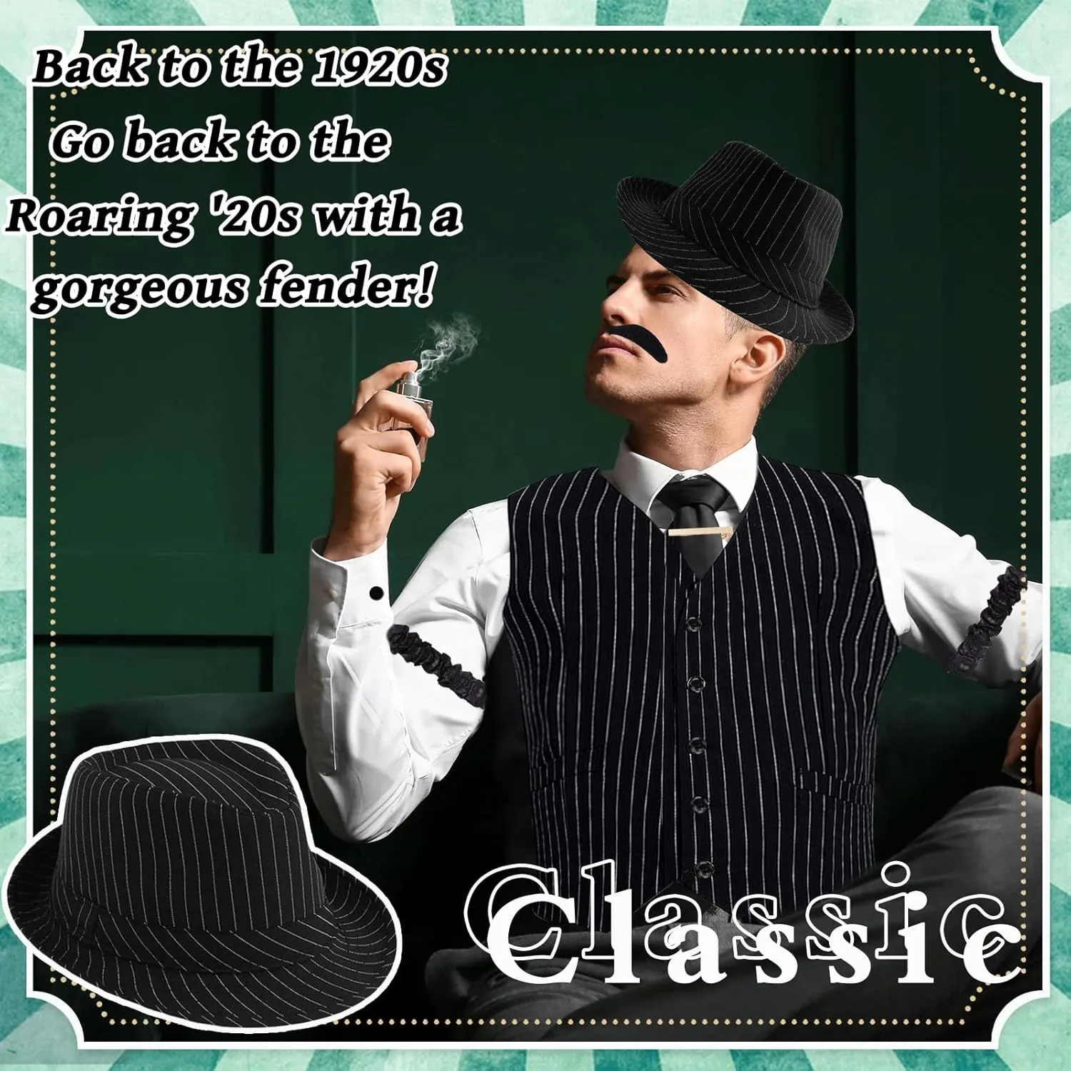 1920s Men Costume Accessories Set for Adult, Roaring Retro 20s Gatsby Gangster Costume Outfit with Stripe Vest Fedora Hat Tie