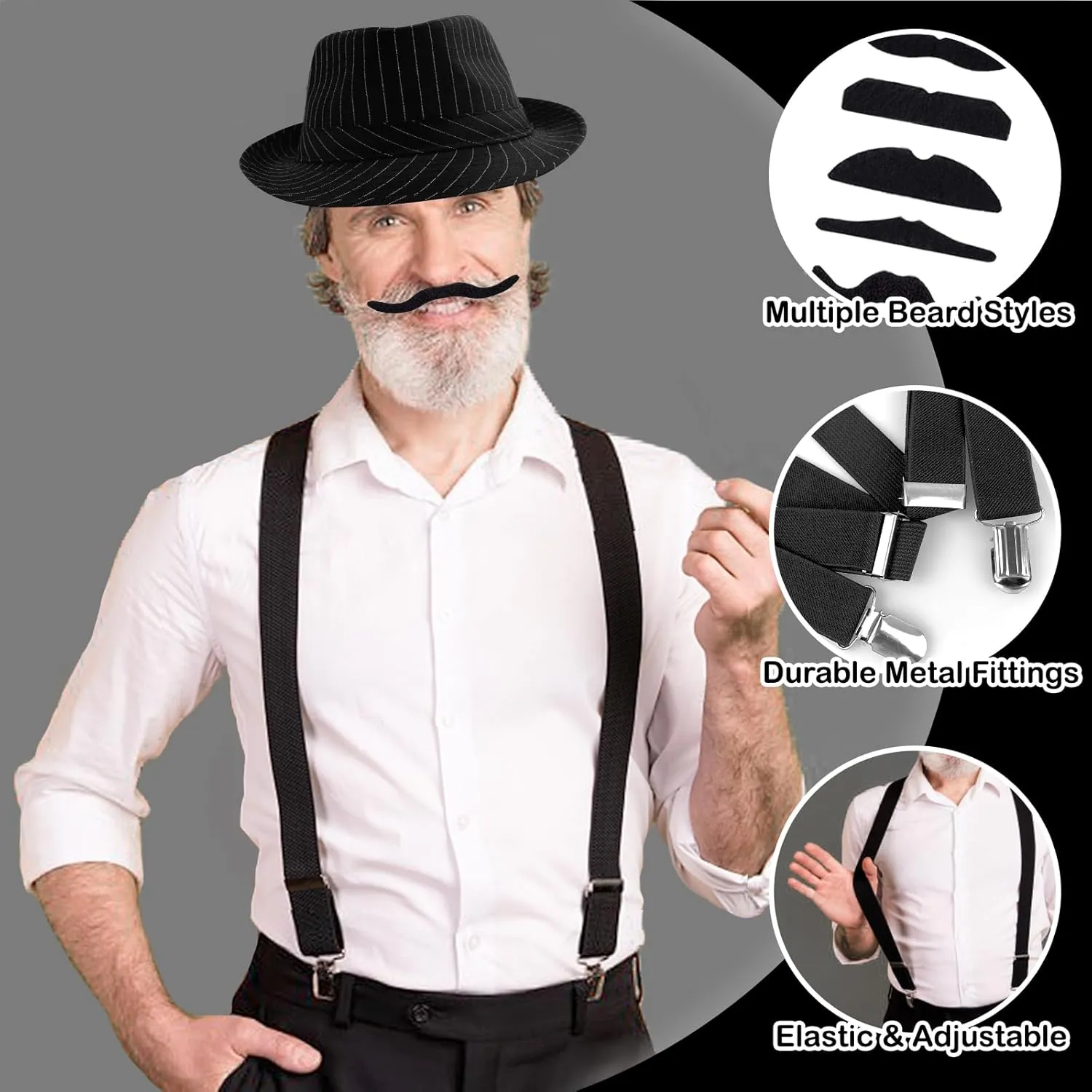 1920s Men Costume Accessories Set for Adult, Roaring Retro 20s Gatsby Gangster Costume Outfit with Stripe Vest Fedora Hat Tie