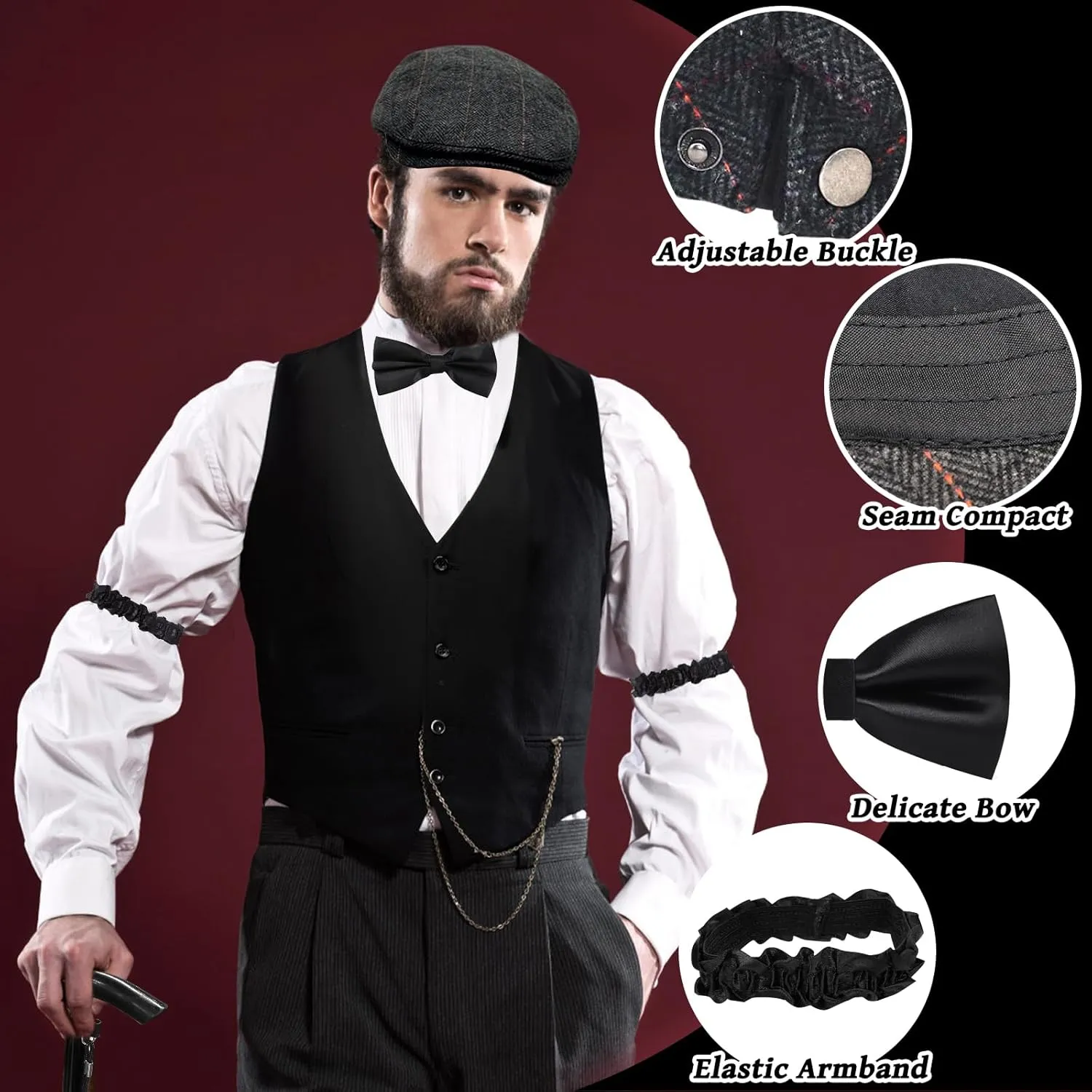 1920s Mens Costume Accessories Set for Adult, Roaring Retro 20s Gatsby Gangster Costume Outfit with Vest Beret Pocket Watch