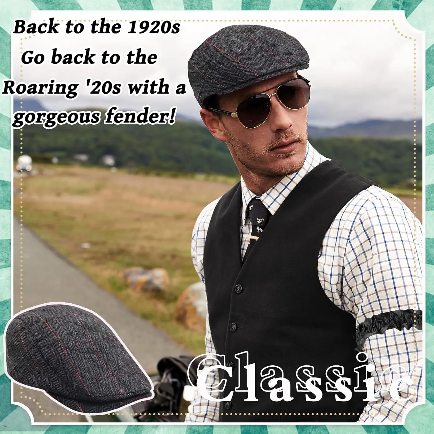 1920s Mens Costume Accessories Set for Adult, Roaring Retro 20s Gatsby Gangster Costume Outfit with Vest Beret Pocket Watch