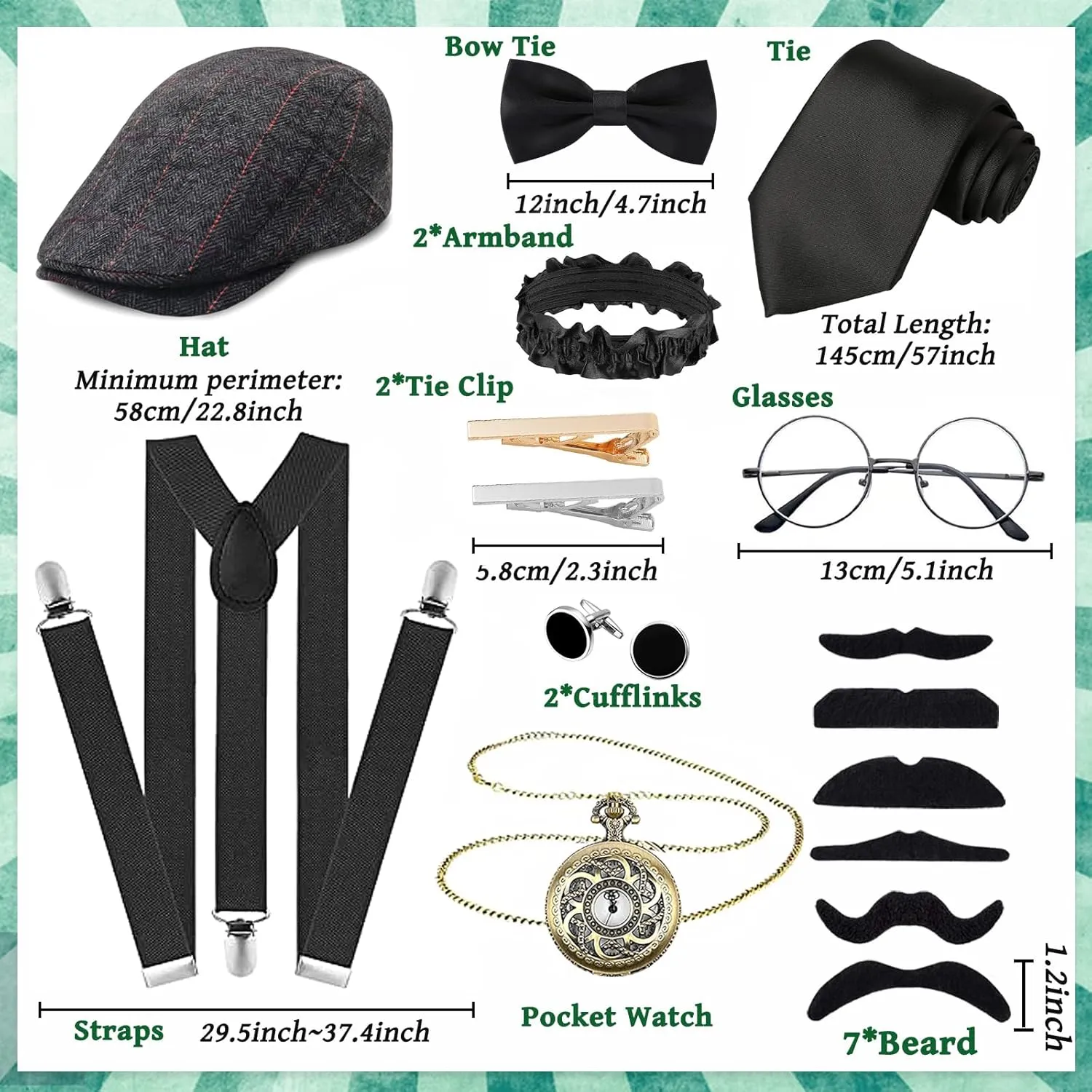 1920s Mens Costume Accessories Set for Adult, Roaring Retro 20s Gatsby Gangster Costume Outfit with Vest Beret Pocket Watch