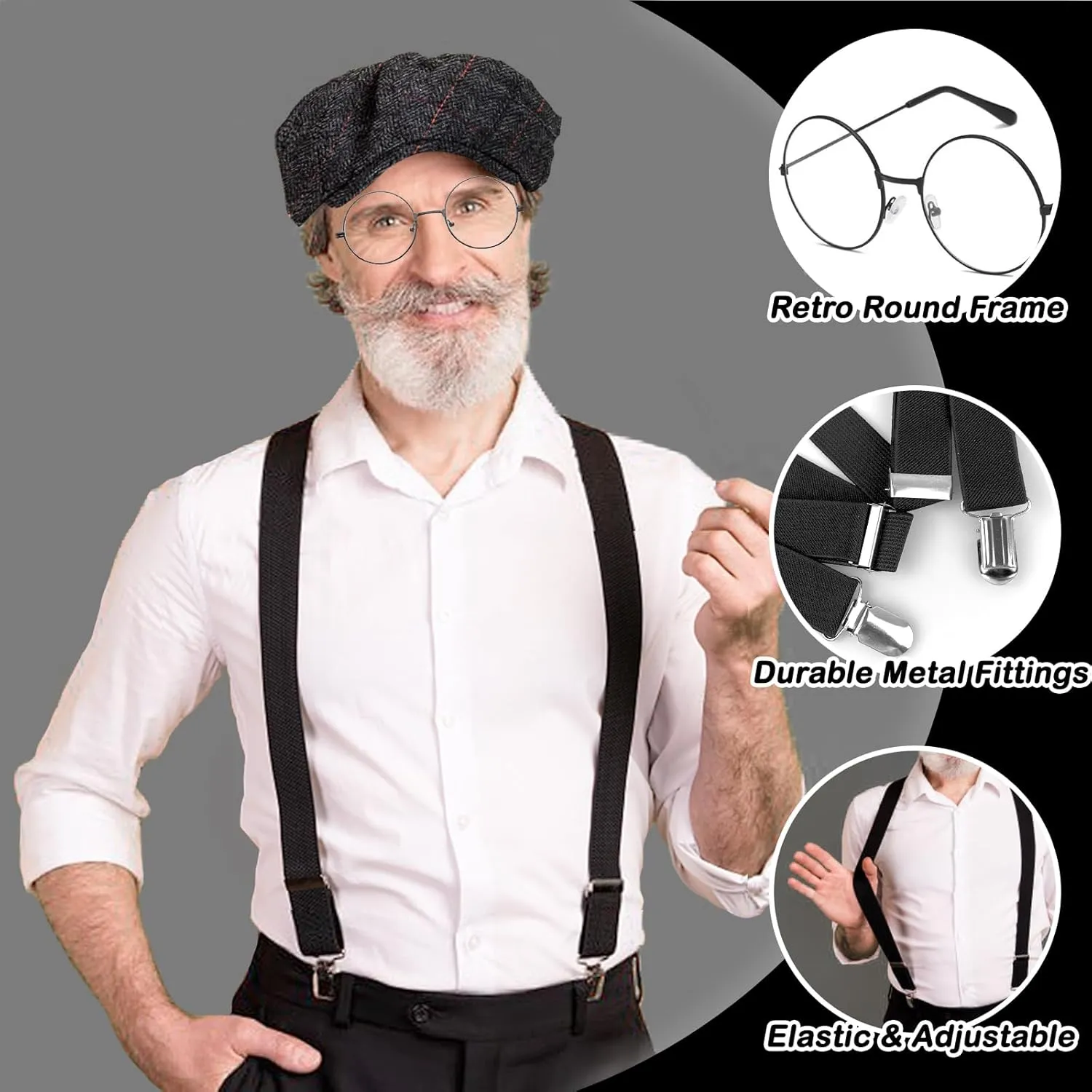 1920s Mens Costume Accessories Set for Adult, Roaring Retro 20s Gatsby Gangster Costume Outfit with Vest Beret Pocket Watch