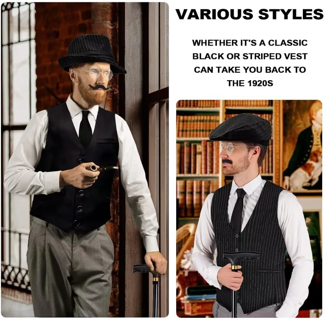 1920s Mens Costume, Roaring 20s Costumes Accessories Set Vest Foldable Crutches Fedora Hat Pocket Watch Tie