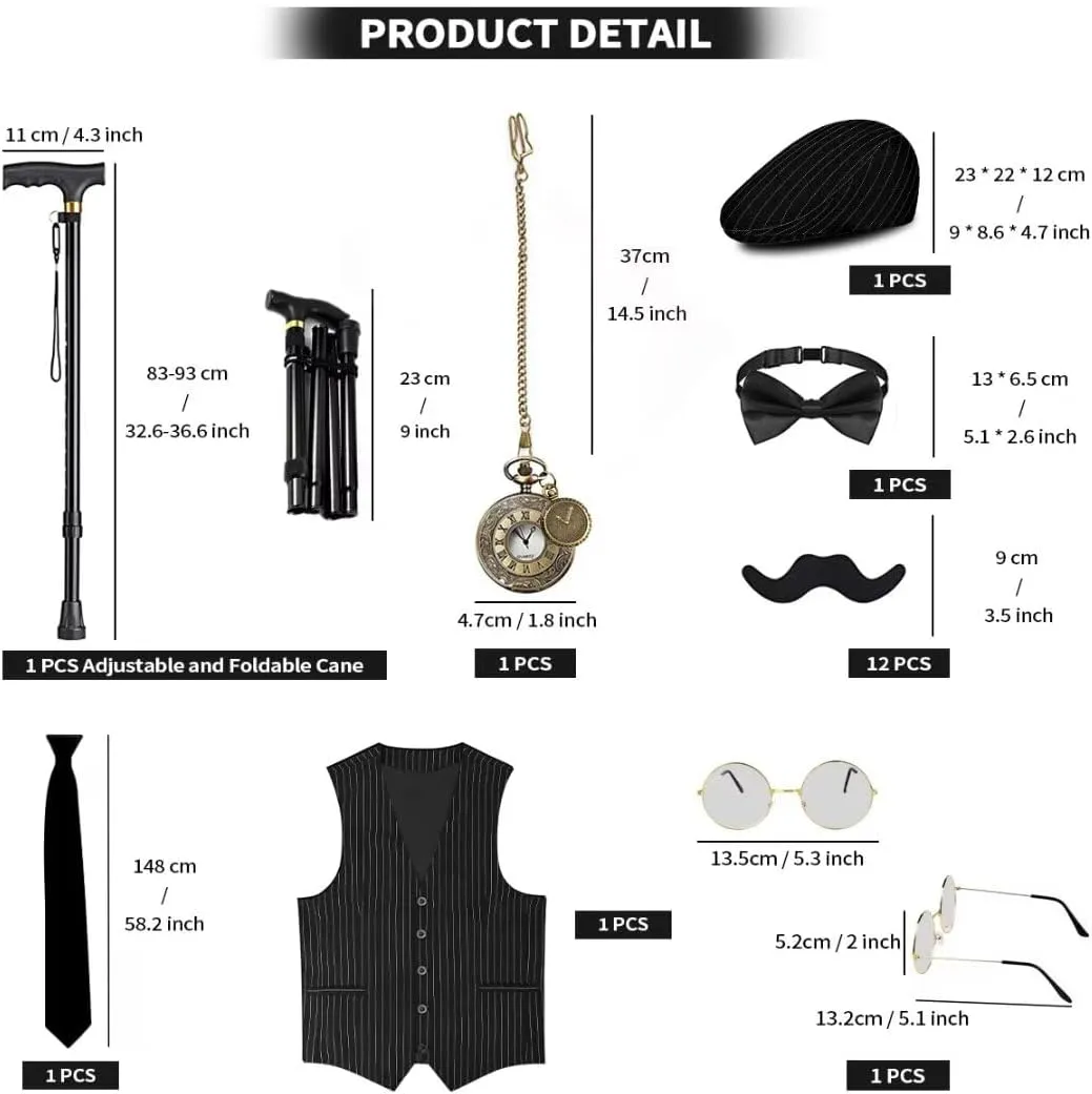 1920s Mens Costume, Roaring 20s Costumes Accessories Set Vest Foldable Crutches Fedora Hat Pocket Watch Tie