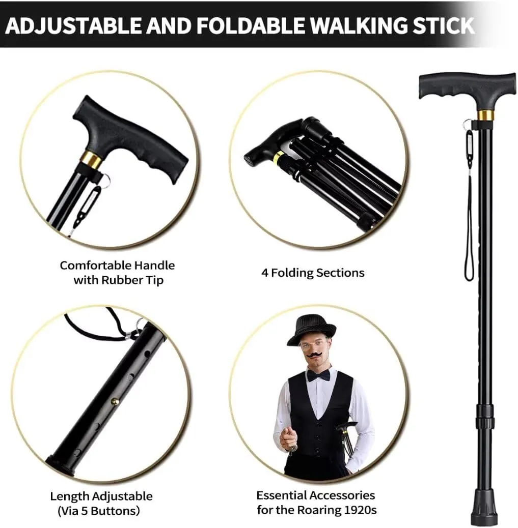 1920s Mens Costume, Roaring 20s Costumes Accessories Set Vest Foldable Crutches Fedora Hat Pocket Watch Tie