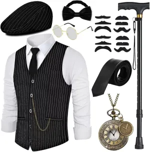 1920s Mens Costume, Roaring 20s Costumes Accessories Set Vest Foldable Crutches Fedora Hat Pocket Watch Tie