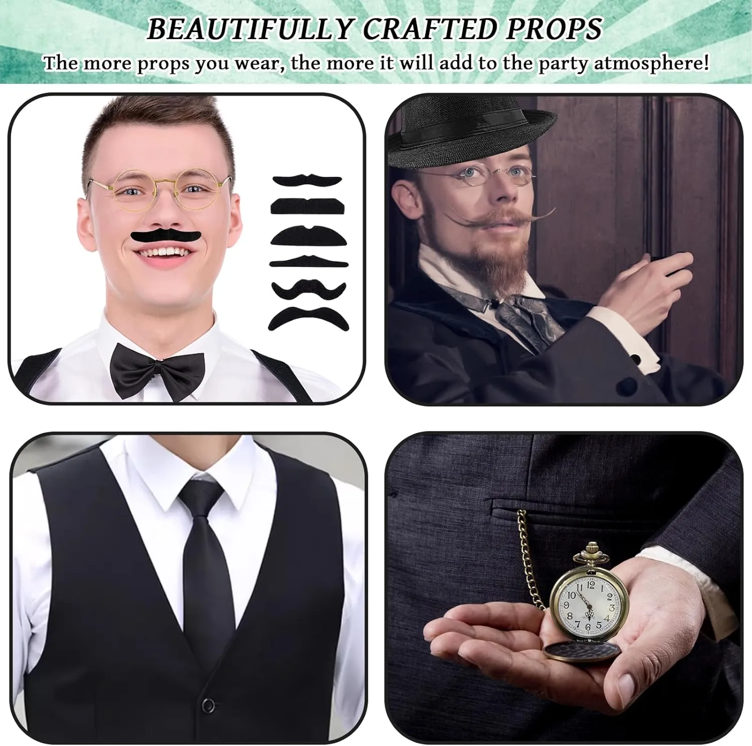 1920s Mens Gatsby Gangster Costume Accessories Set for Adult, Roaring Retro 20s Costume Outfit with Vest Fedora Hat Crutch
