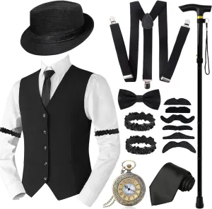 1920s Mens Gatsby Gangster Costume Accessories Set for Adult, Roaring Retro 20s Costume Outfit with Vest Fedora Hat Crutch
