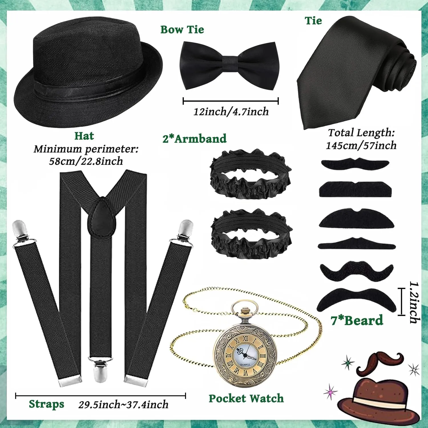 1920s Mens Gatsby Gangster Costume Accessories Set for Adult, Roaring Retro 20s Costume Outfit with Vest Fedora Hat Crutch