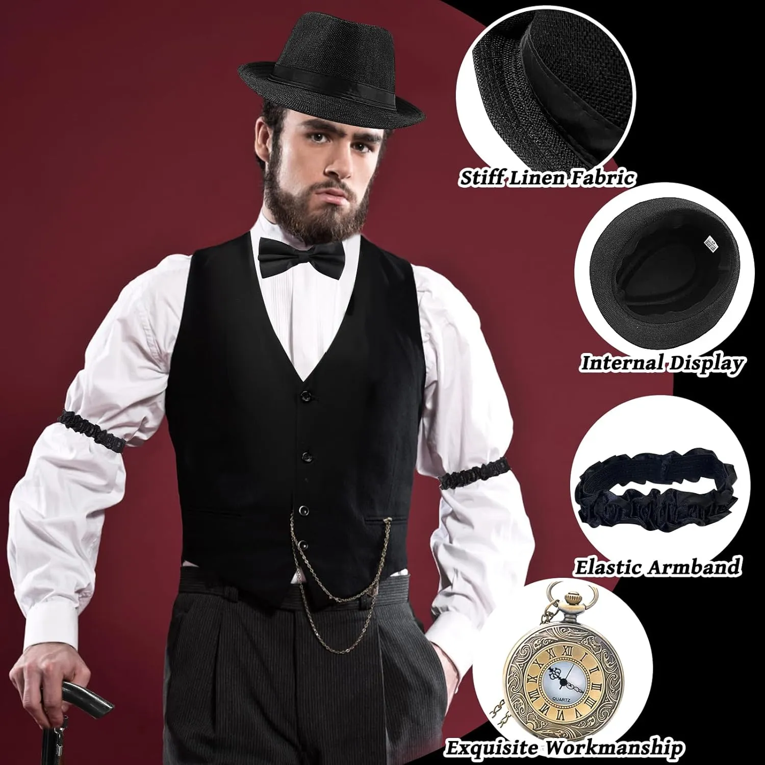 1920s Mens Gatsby Gangster Costume Accessories Set for Adult, Roaring Retro 20s Costume Outfit with Vest Fedora Hat Crutch