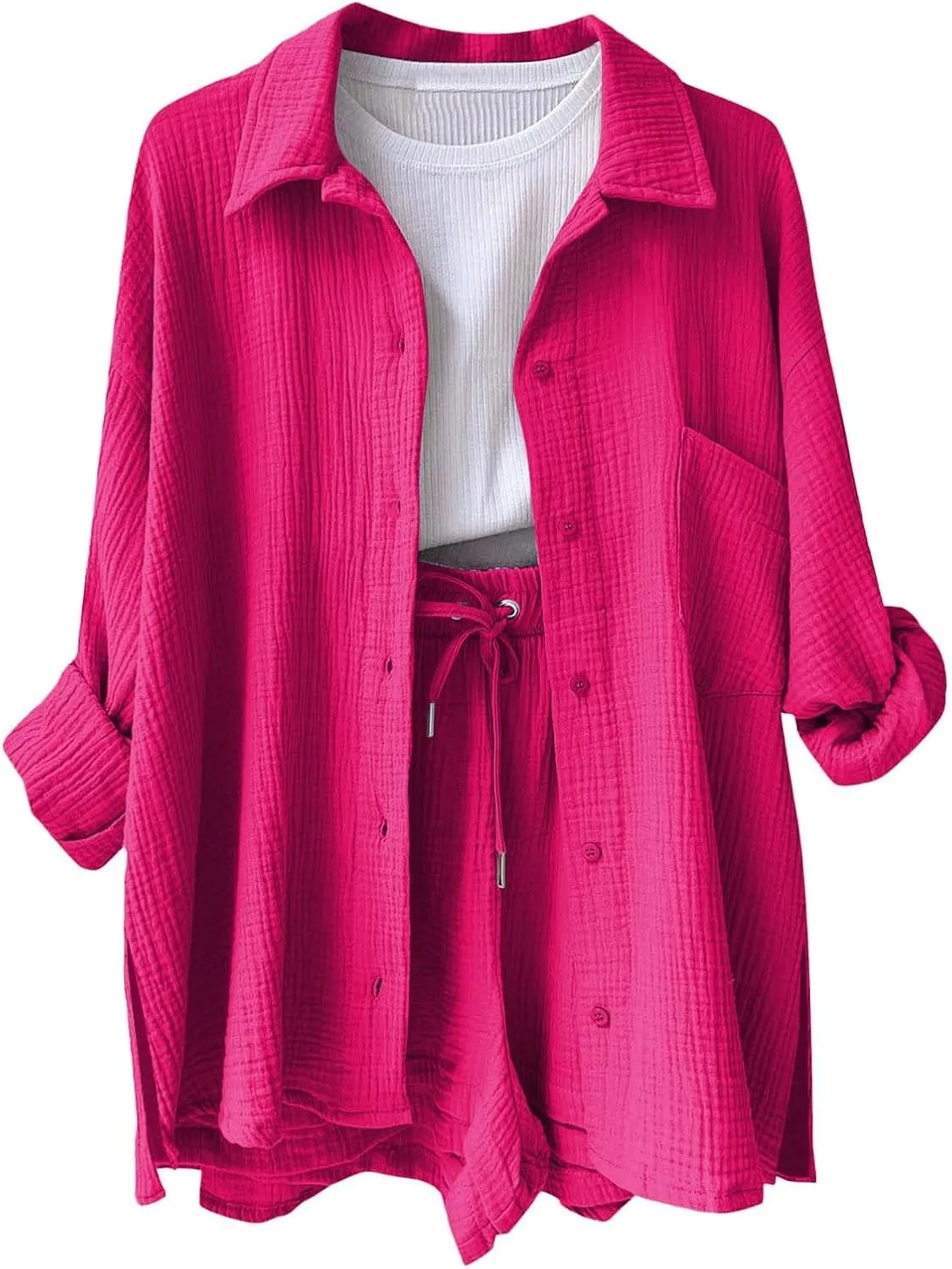 2 Piece Lounge Sets for Women Casual Long Sleeve Button Down Shirt Sets Summer Outfits Loose Linen Shorts Set