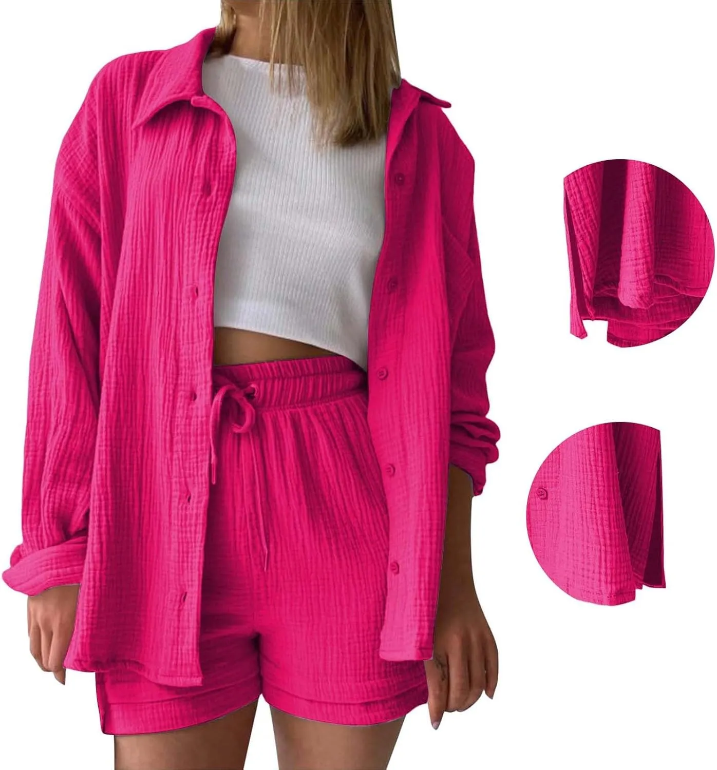 2 Piece Lounge Sets for Women Casual Long Sleeve Button Down Shirt Sets Summer Outfits Loose Linen Shorts Set