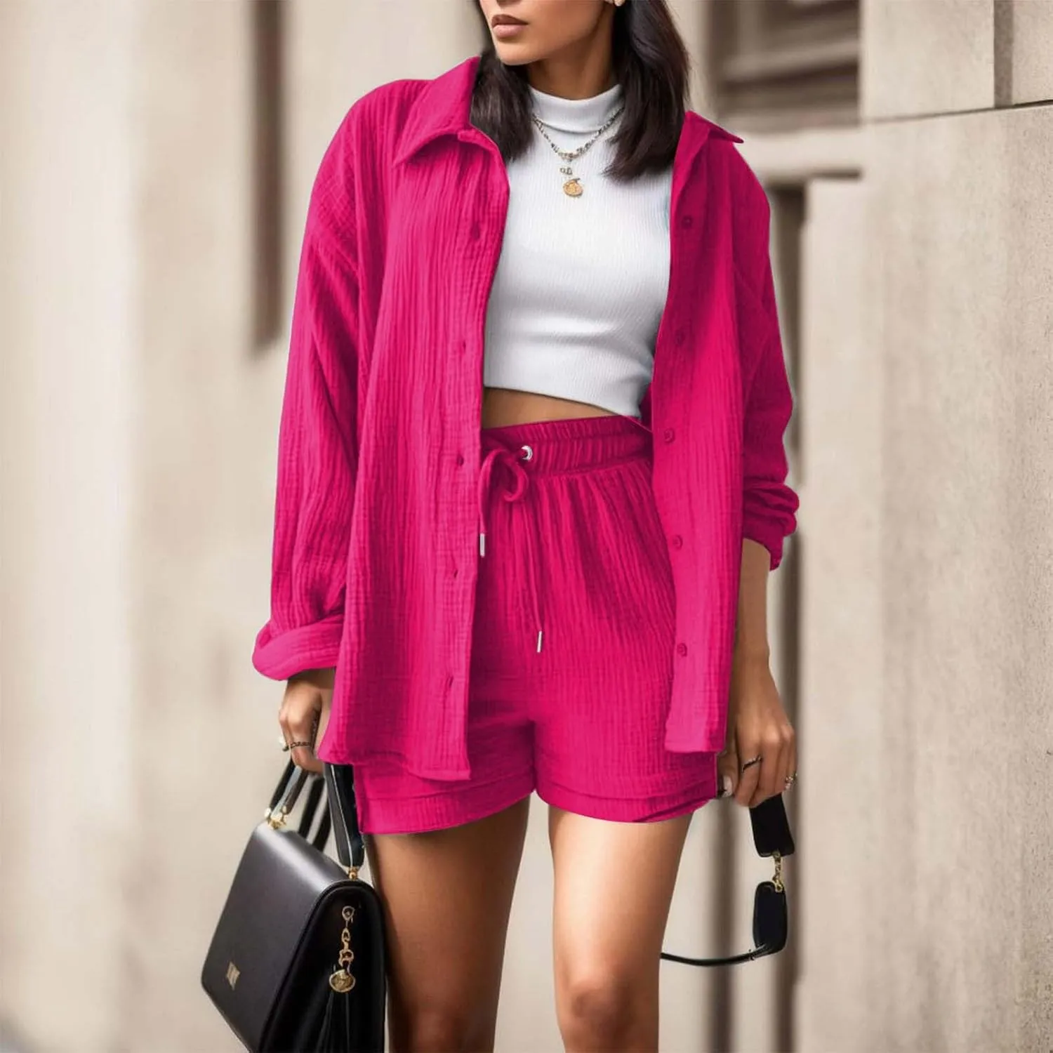 2 Piece Lounge Sets for Women Casual Long Sleeve Button Down Shirt Sets Summer Outfits Loose Linen Shorts Set