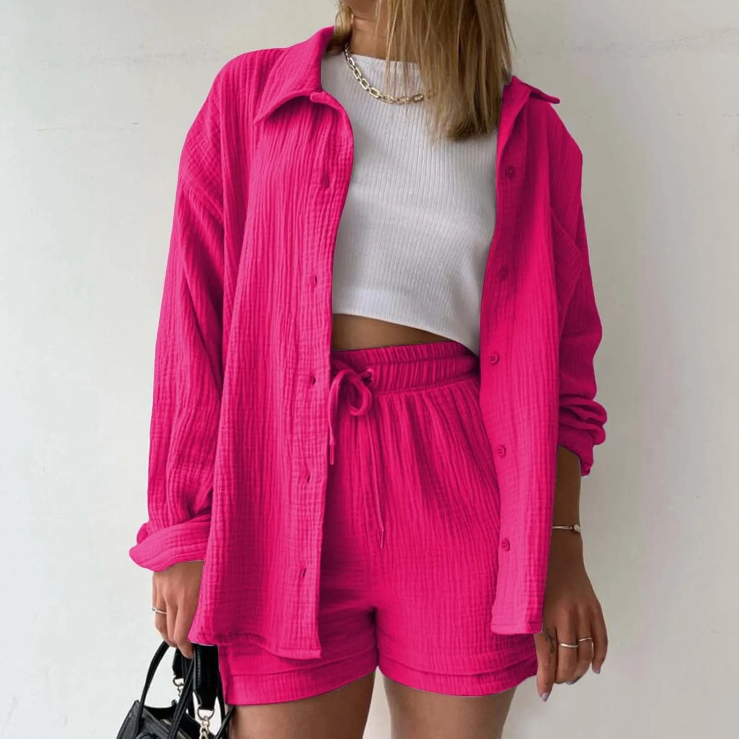 2 Piece Lounge Sets for Women Casual Long Sleeve Button Down Shirt Sets Summer Outfits Loose Linen Shorts Set
