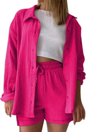 2 Piece Lounge Sets for Women Casual Long Sleeve Button Down Shirt Sets Summer Outfits Loose Linen Shorts Set