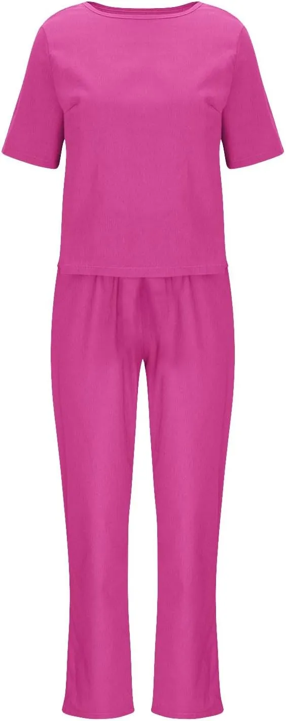 2 Piece Outfits for Women Summer Cotton Linen Casual Matching Set Short Sleeve T Shirts and Capri Pants with Pockets