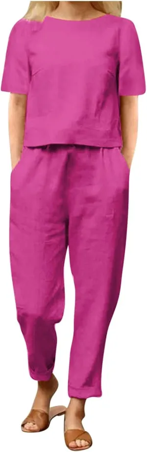 2 Piece Outfits for Women Summer Cotton Linen Casual Matching Set Short Sleeve T Shirts and Capri Pants with Pockets