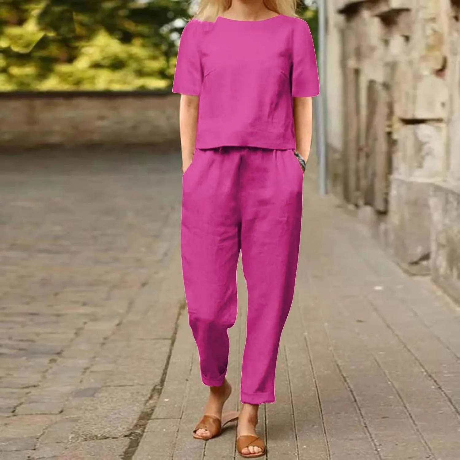 2 Piece Outfits for Women Summer Cotton Linen Casual Matching Set Short Sleeve T Shirts and Capri Pants with Pockets