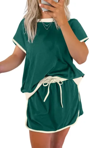 2 Pieces for Womens Lounge Sets Turquoise Colorblock Edge Drop Shoulder T Shirt and Skort Tracksuit Set Outfits
