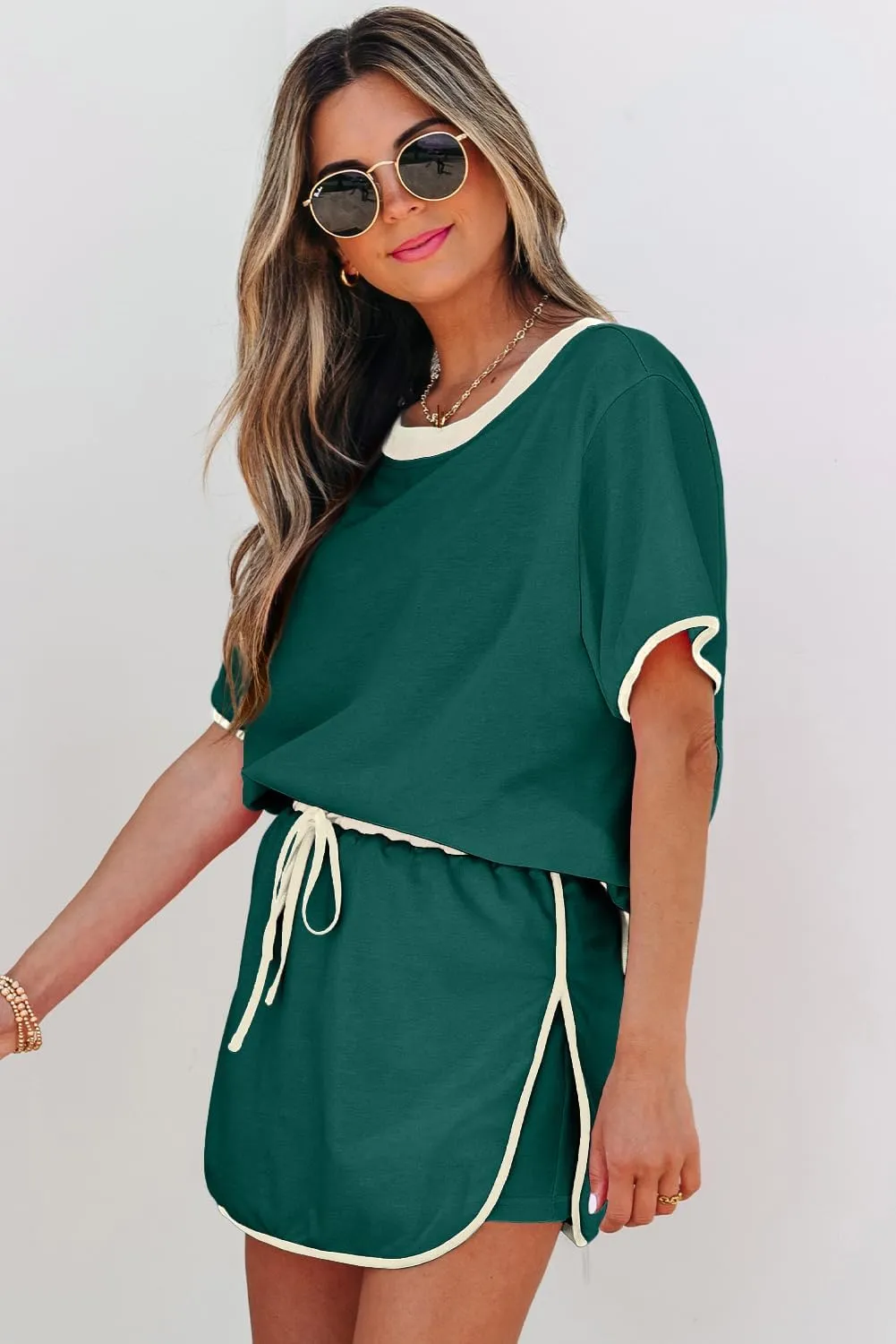 2 Pieces for Womens Lounge Sets Turquoise Colorblock Edge Drop Shoulder T Shirt and Skort Tracksuit Set Outfits