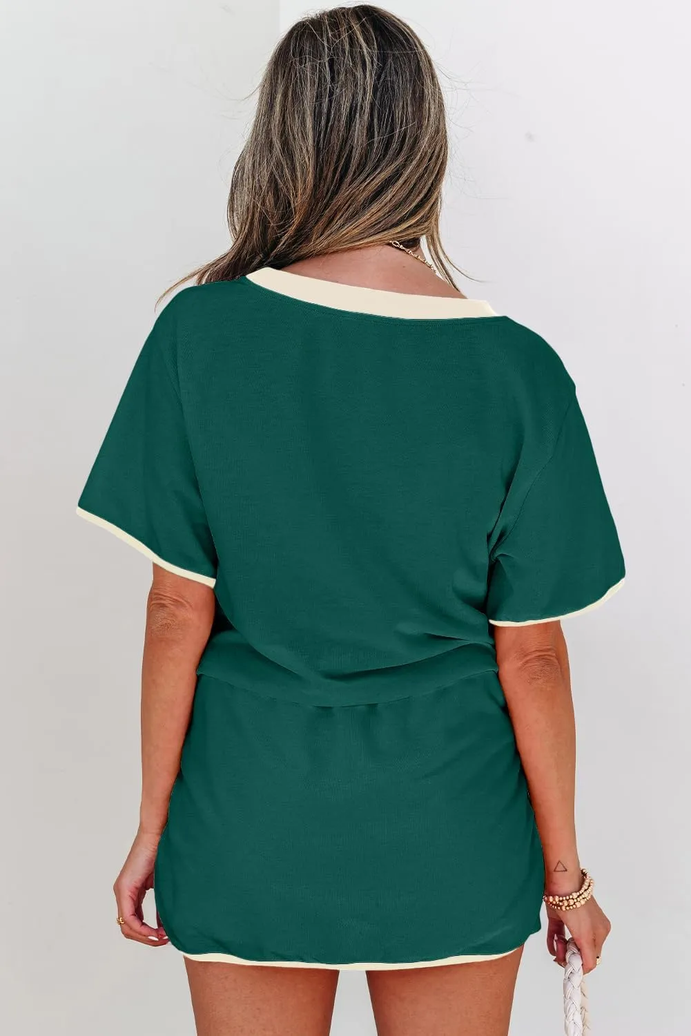 2 Pieces for Womens Lounge Sets Turquoise Colorblock Edge Drop Shoulder T Shirt and Skort Tracksuit Set Outfits
