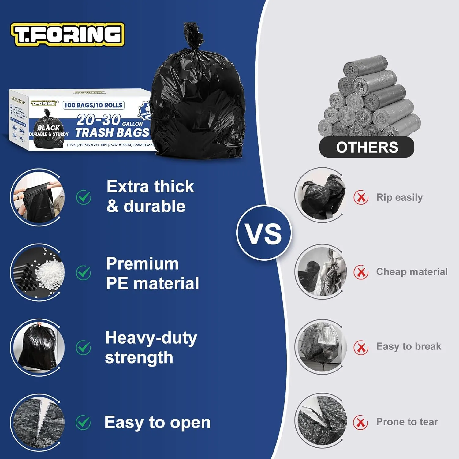 20-30 Gallon Trash Bags Black - 1.28 Mil Thick,30" x 35" Large Garbage Bags 100 Count20  Gallon Heavy Duty Trash Can Liners Unscented for Kitchen Home Office Commercial Outdoor