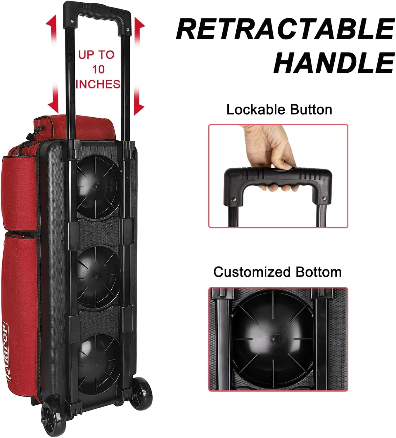 3 Bowling Ball Bag With Wheels - Rolling Bag for Balls & Accessories - Retractable Handle Extends to 38"