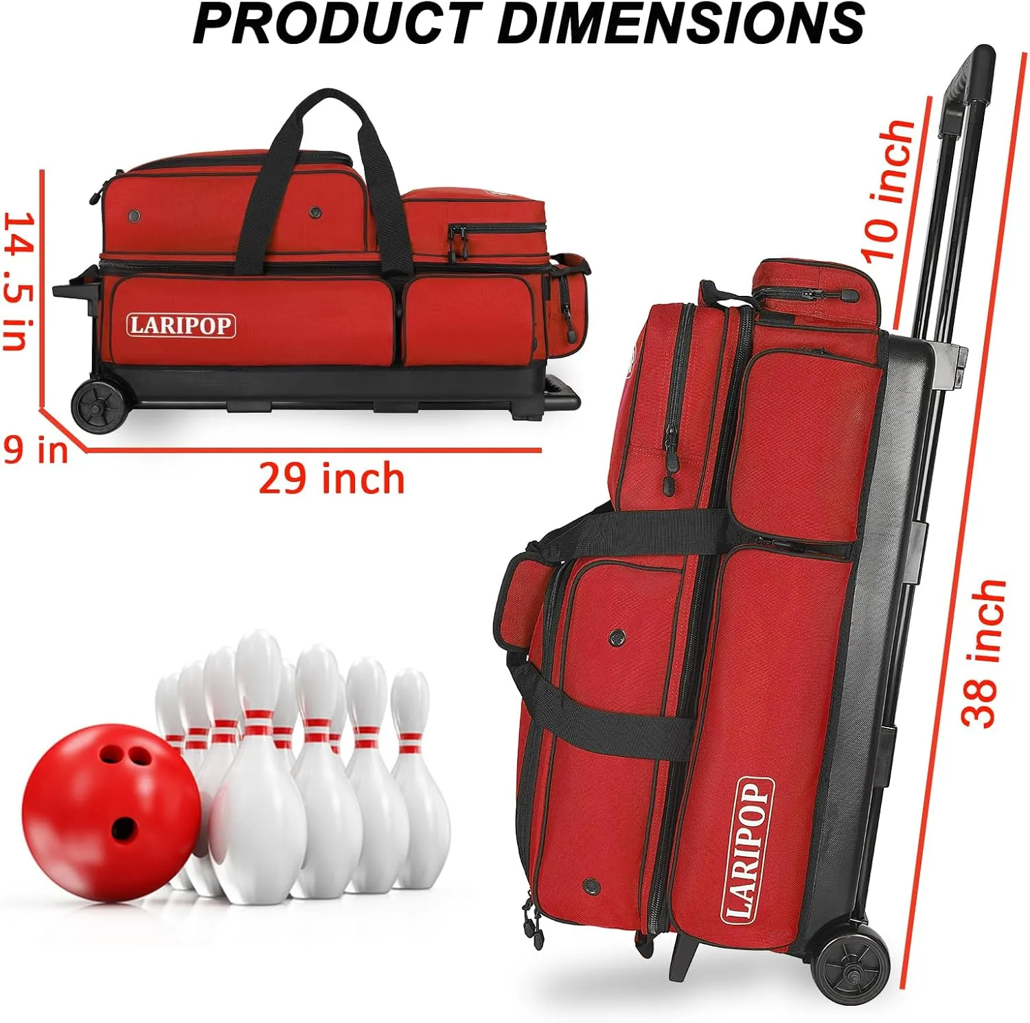 3 Bowling Ball Bag With Wheels - Rolling Bag for Balls & Accessories - Retractable Handle Extends to 38"