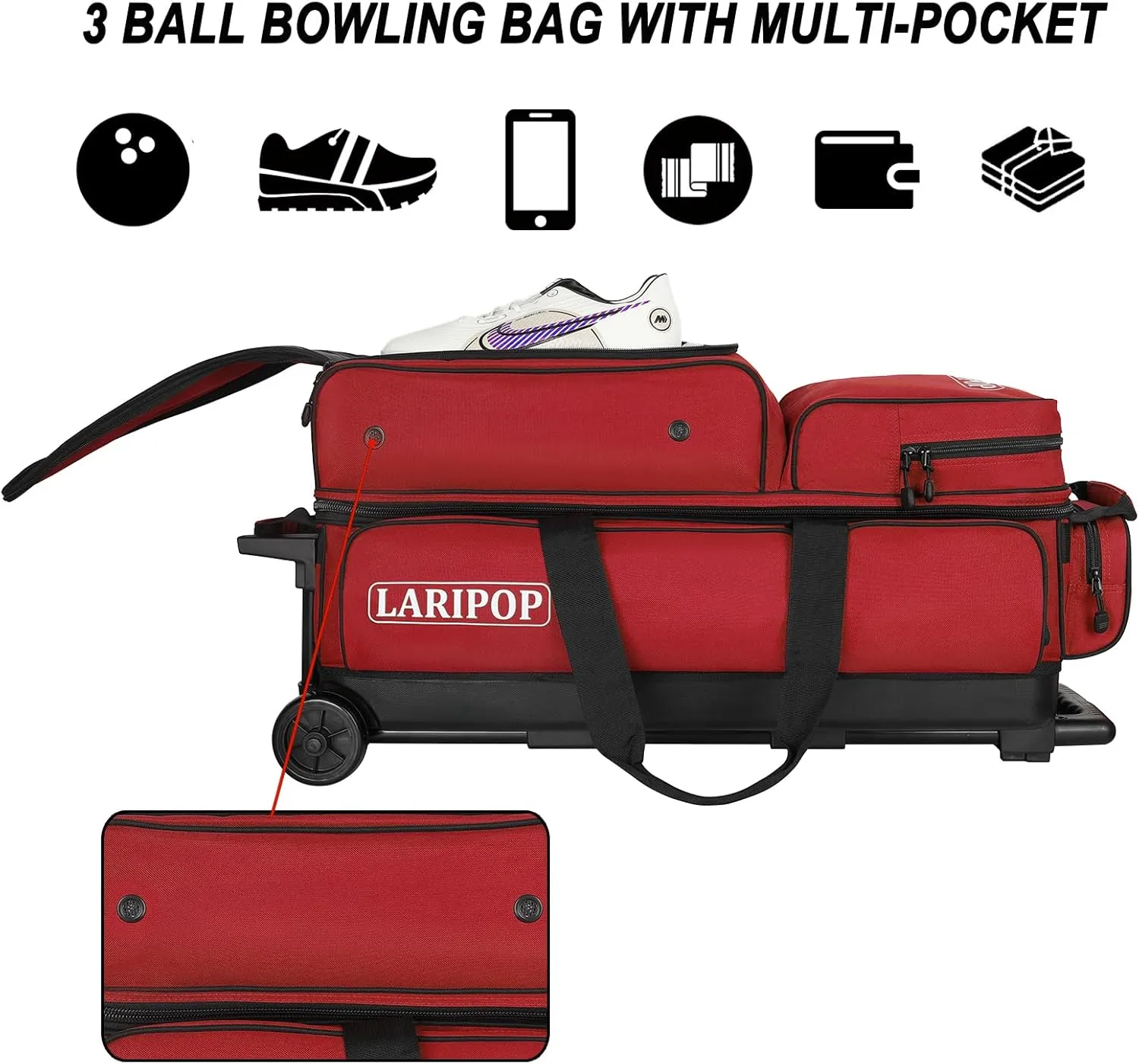 3 Bowling Ball Bag With Wheels - Rolling Bag for Balls & Accessories - Retractable Handle Extends to 38"