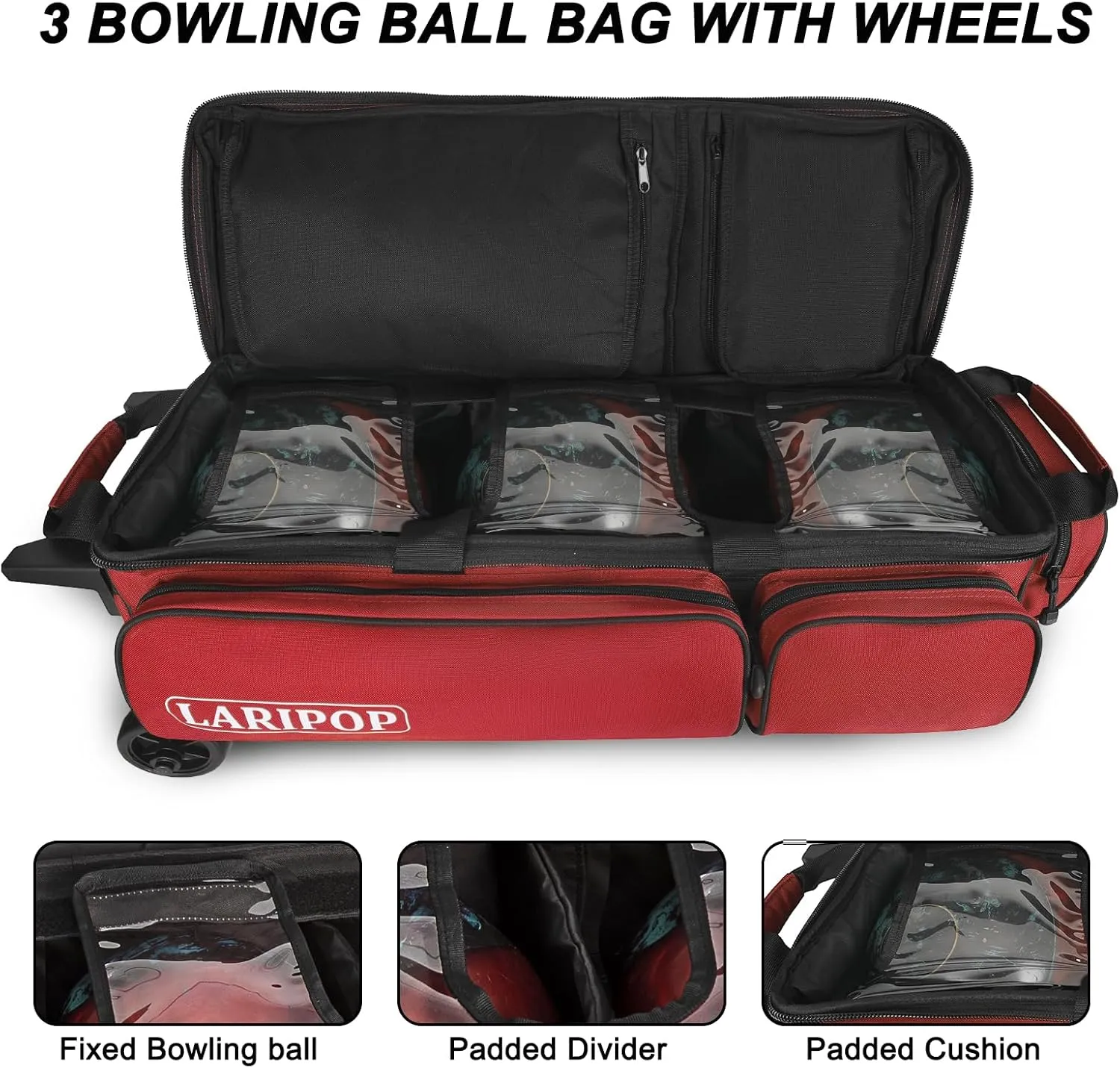 3 Bowling Ball Bag With Wheels - Rolling Bag for Balls & Accessories - Retractable Handle Extends to 38"