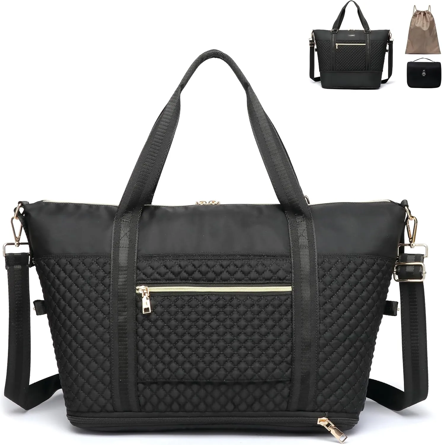 3-in-1 Weekender Bag for Women - Travel Duffle With Shoes Compartment, Overnight Carry On With Toiletry Bag & Wet Pocket - Personal Item for Hospital/Gym, Black