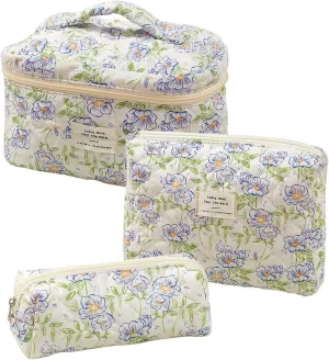 3Pcs Cotton Quilted Makeup Bag Large Travel Cosmetic Bag Coquette Makeup Pouch Cute Aesthetic Floral Toiletry Bag for Women Girls (Blue Floral)