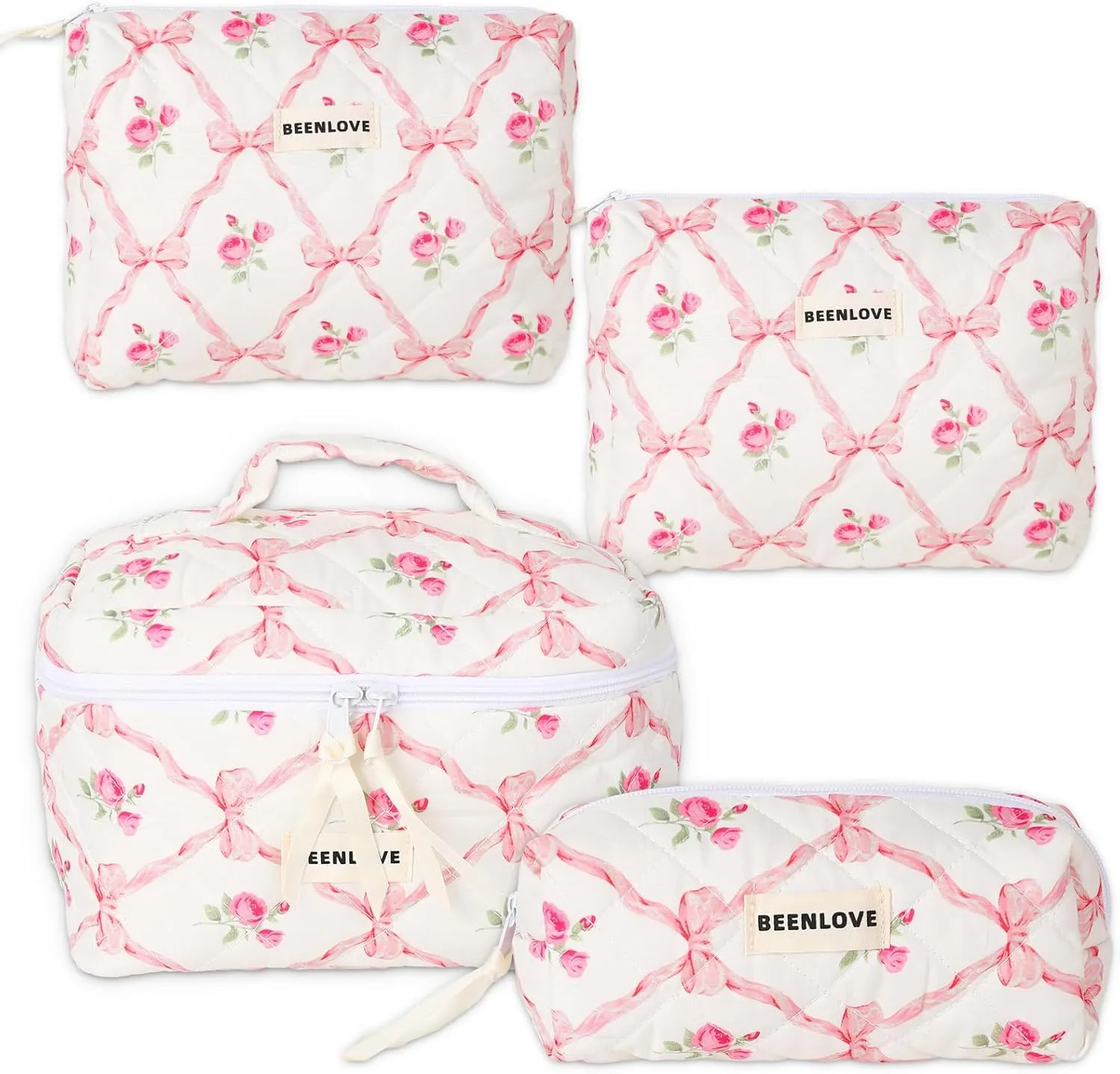 4 Pack Pink Bow Makeup Bag Coquette Bow Knot Floral Cotton Cosmetic Bag Cute Organizer Toiletry Bag with Zipper for Valentine's Day Women Party Gift Supplies