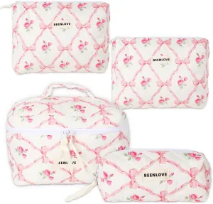 4 Pack Pink Bow Makeup Bag Coquette Bow Knot Floral Cotton Cosmetic Bag Cute Organizer Toiletry Bag with Zipper for Valentine's Day Women Party Gift Supplies