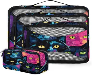 4 Set Packing Cubes for Suitcases, Travel Essentials for Carry on Luggage, Abstract Cat Suitcase Organizers for Clothes Shoes Toiletries Travel Accessories in 4 Sizes - Fantastic Cat
