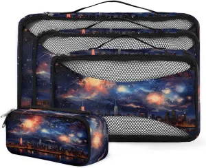 4 Set Packing Cubes for Suitcases, Travel Essentials for Carry on Luggage, Abstract City Suitcase Organizers for Clothes Shoes Toiletries Travel Accessories in 4 Sizes - Night City