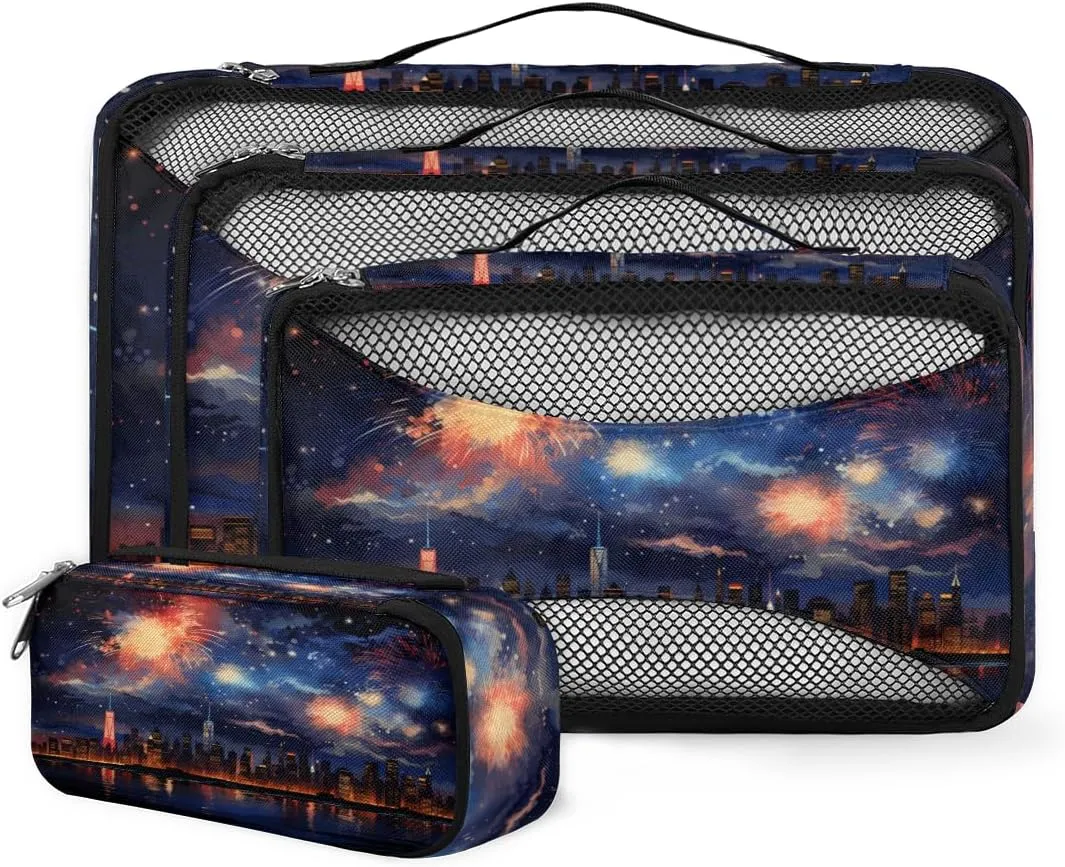 4 Set Packing Cubes for Suitcases, Travel Essentials for Carry on Luggage, Abstract City Suitcase Organizers for Clothes Shoes Toiletries Travel Accessories in 4 Sizes - Night City