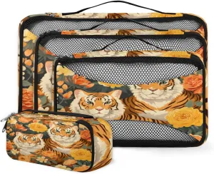 4 Set Packing Cubes for Suitcases, Travel Essentials for Carry on Luggage, Abstract Flower Suitcase Organizers for Clothes Shoes Toiletries Travel Accessories in 4 Sizes - Tiger