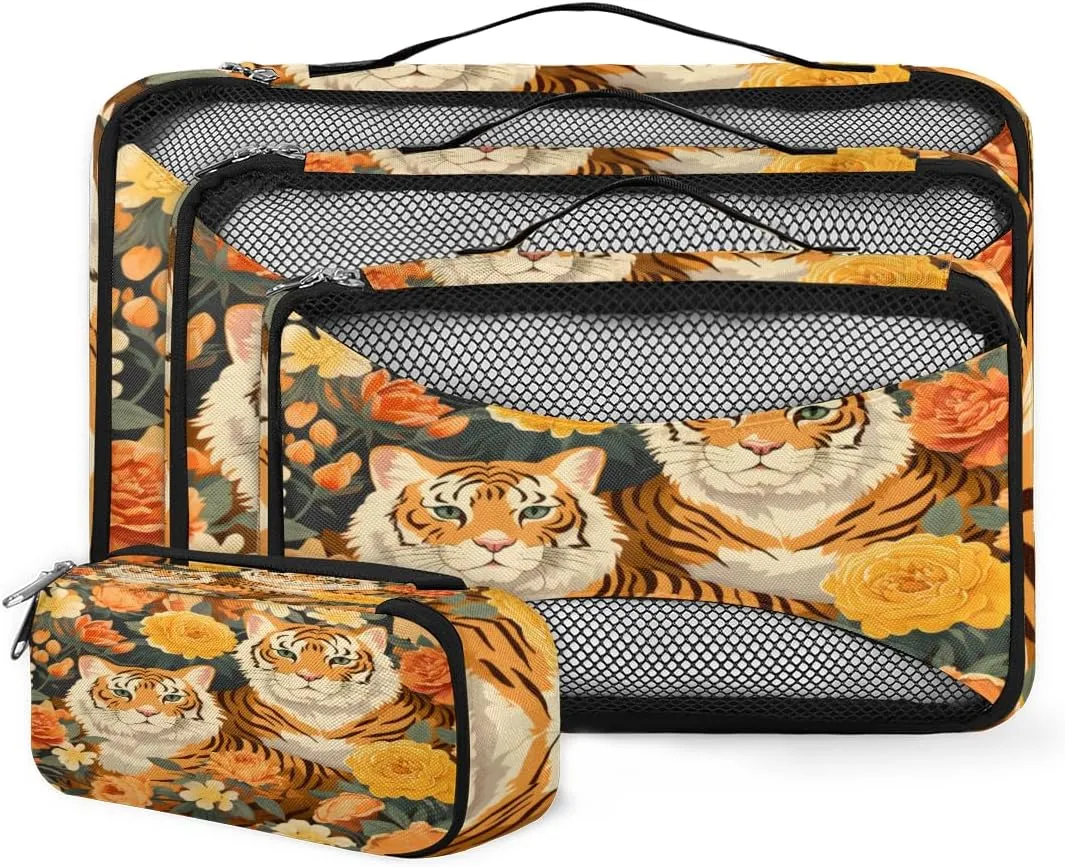 4 Set Packing Cubes for Suitcases, Travel Essentials for Carry on Luggage, Abstract Flower Suitcase Organizers for Clothes Shoes Toiletries Travel Accessories in 4 Sizes - Tiger