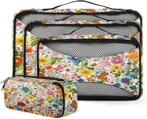 4 Set Packing Cubes for Suitcases, Travel Essentials for Carry on Luggage, Abstract Flowers Suitcase Organizers for Clothes Shoes Toiletries Travel Accessories in 4 Sizes - Artistic Flowers