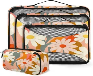 4 Set Packing Cubes for Suitcases, Travel Essentials for Carry on Luggage, Abstract Flowers Suitcase Organizers for Clothes Shoes Toiletries Travel Accessories in 4 Sizes - Romantic Flowers