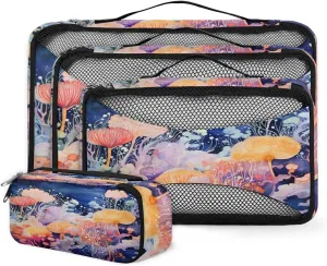 4 Set Packing Cubes for Suitcases, Travel Essentials for Carry on Luggage, Abstract Flowers Suitcase Organizers for Clothes Shoes Toiletries Travel Accessories in 4 Sizes - Watercolor Flowers